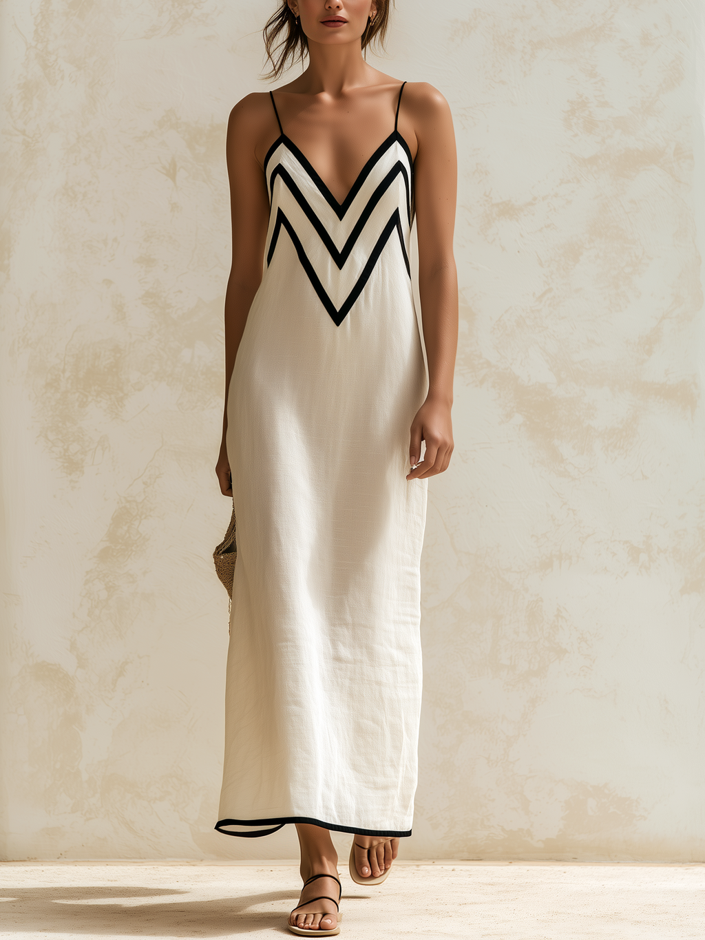 Vestido largo Marisa de chevron en beige con ribete negro en contraste, vista frontal