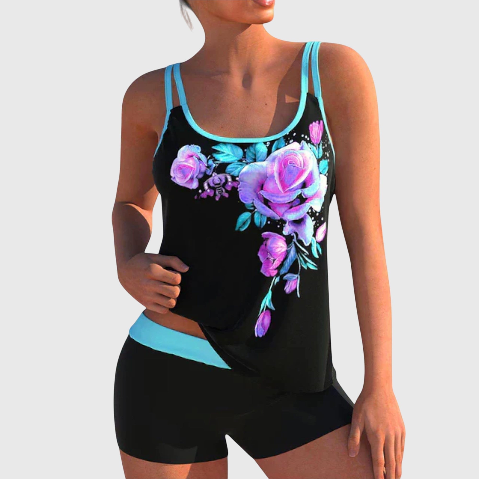 Flor – Tankini estampado de flores con pantalón corto, efecto vientre plano