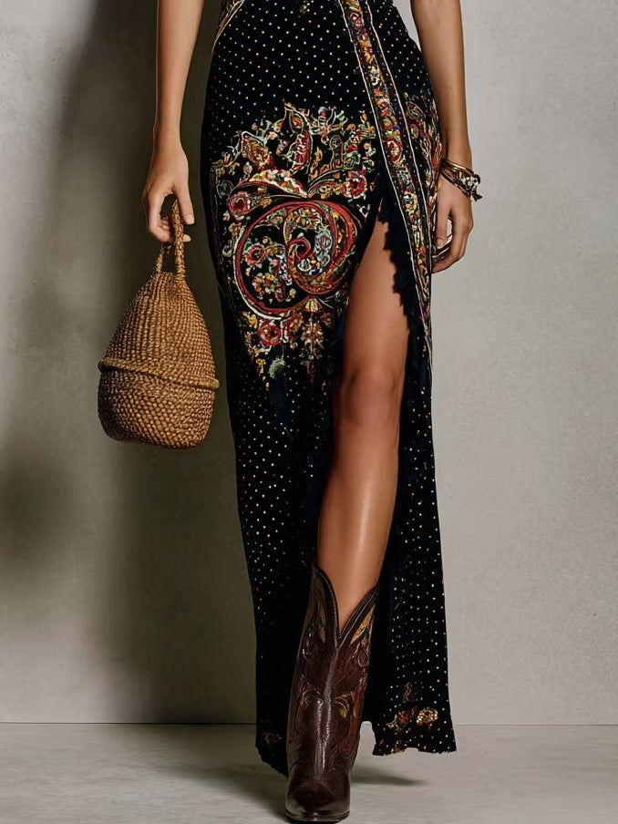FIORA | VESTIDO LARGO BOHO VINTAGE CON ESTAMPADO ÉTNICO Y ABERTURA