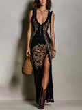 Vestido largo boho vintage con estampado étnico y abertura lateral