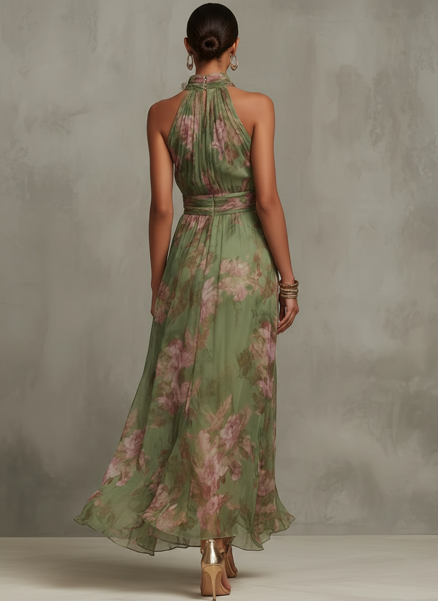 Livia | Elegante vestido largo con cuello halter y estampado floral