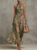 Livia | Elegante vestido largo con cuello halter y estampado floral