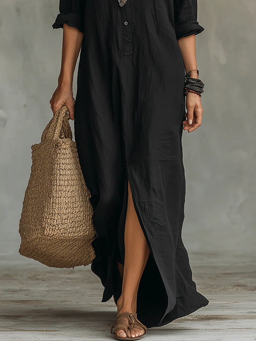 Soline | Vestido largo negro holgado con botones delanteros