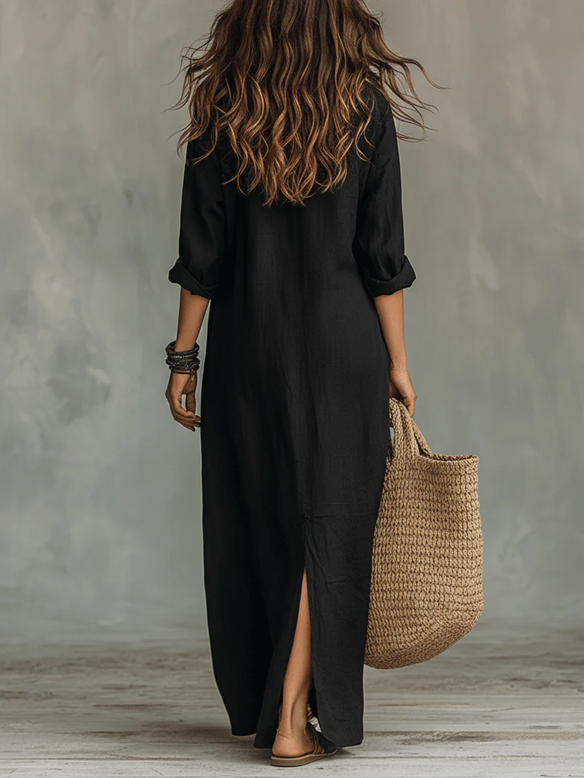Soline | Vestido largo negro holgado con botones delanteros