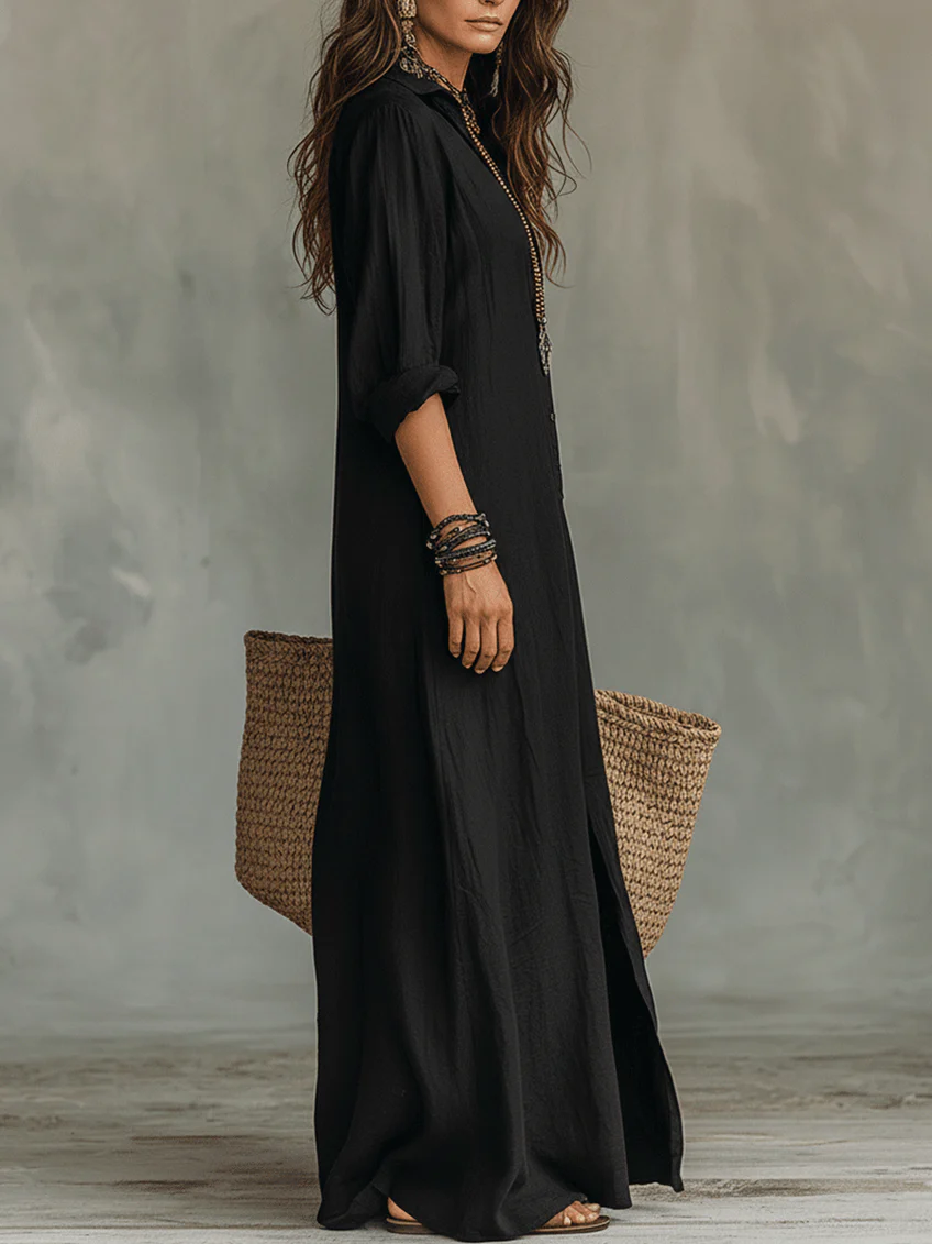 Soline | Vestido largo negro holgado con botones delanteros