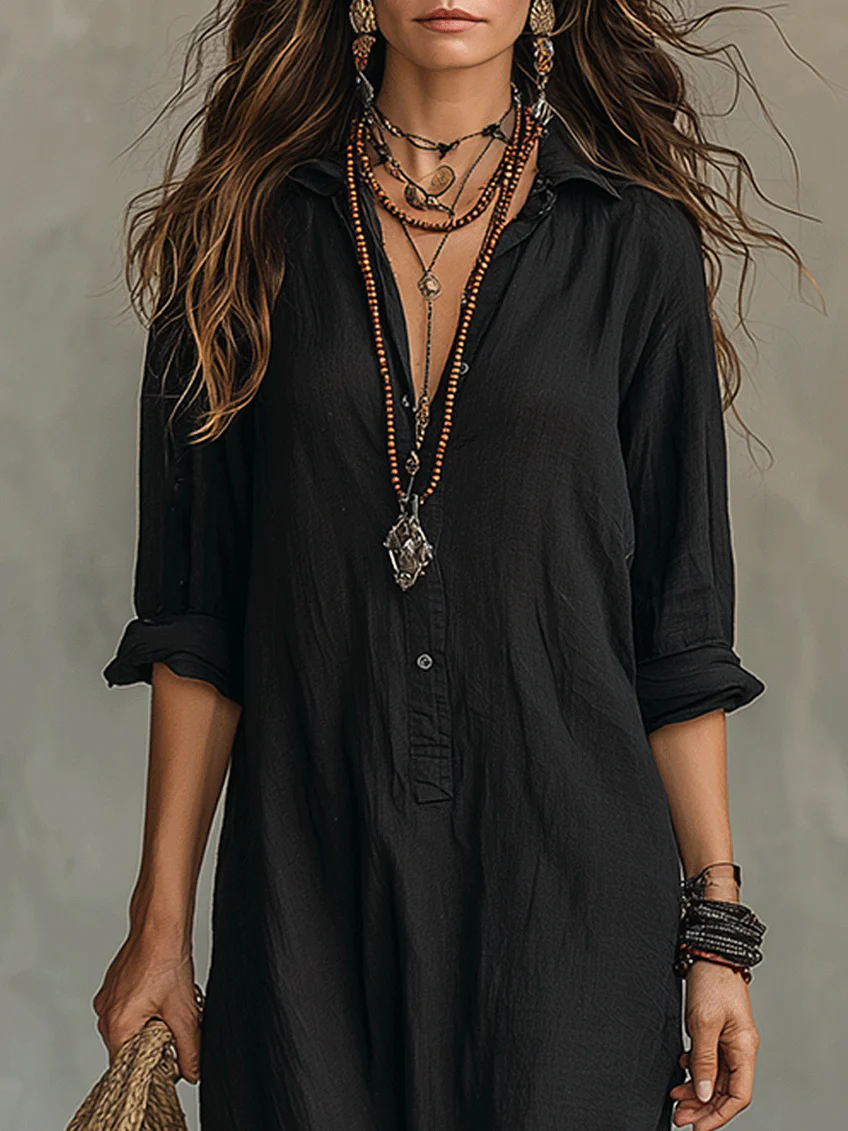Soline | Vestido largo negro holgado con botones delanteros