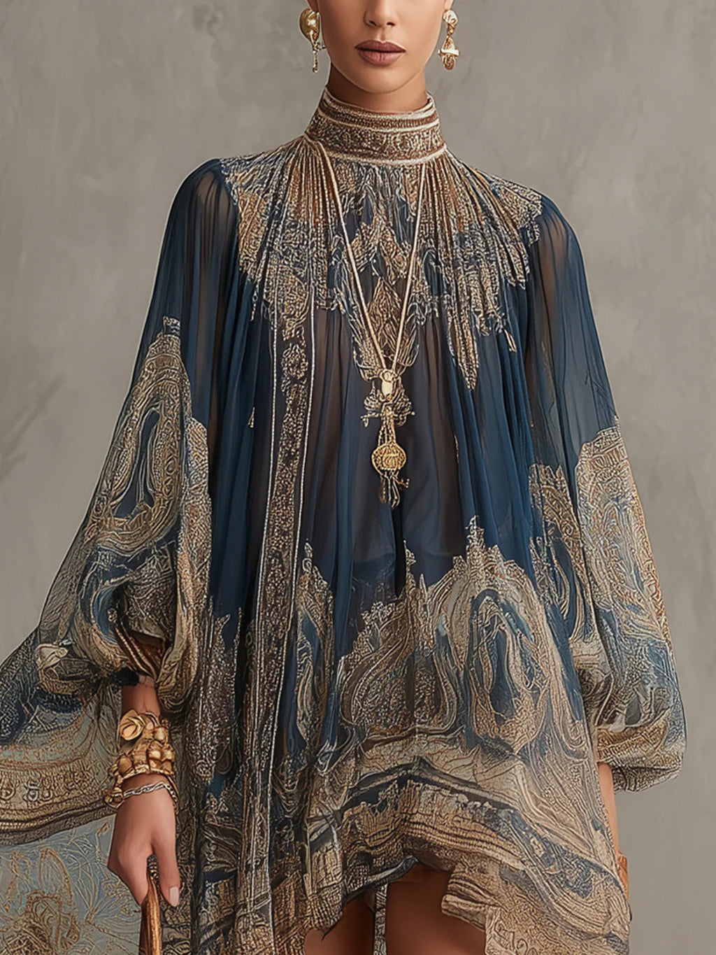 Marianna | Minivestido de gasa azul marino con estampado barroco dorado