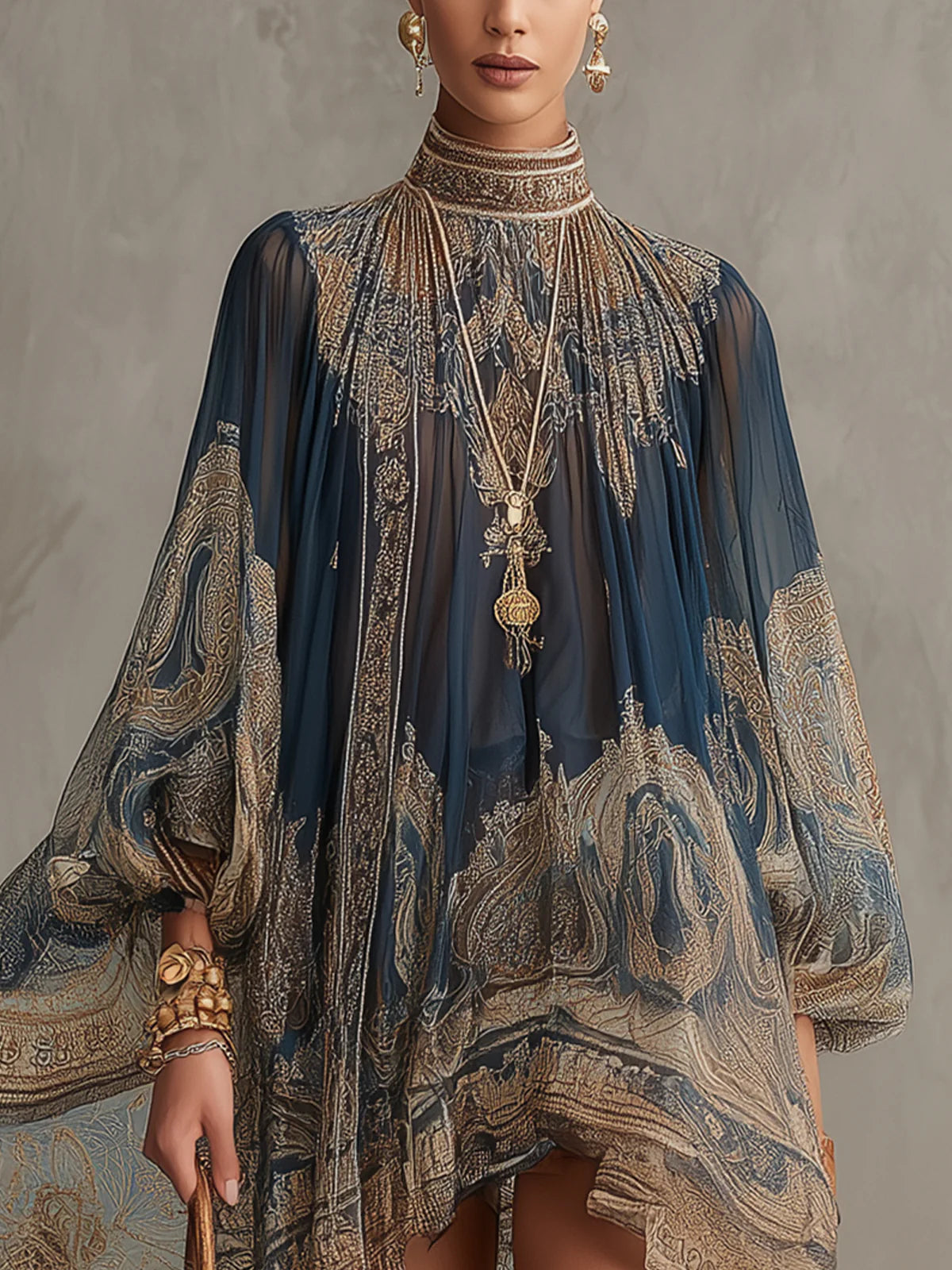 Marianna | Minivestido de gasa azul marino con estampado barroco dorado