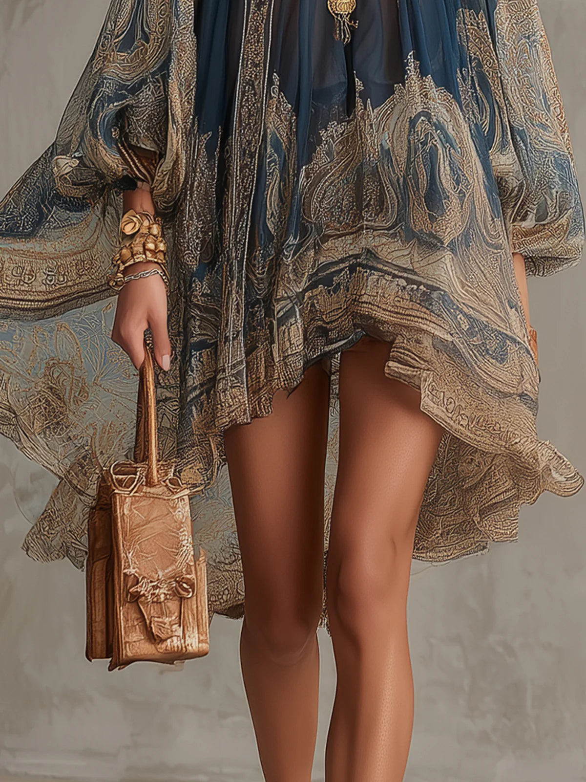 Marianna | Minivestido de gasa azul marino con estampado barroco dorado