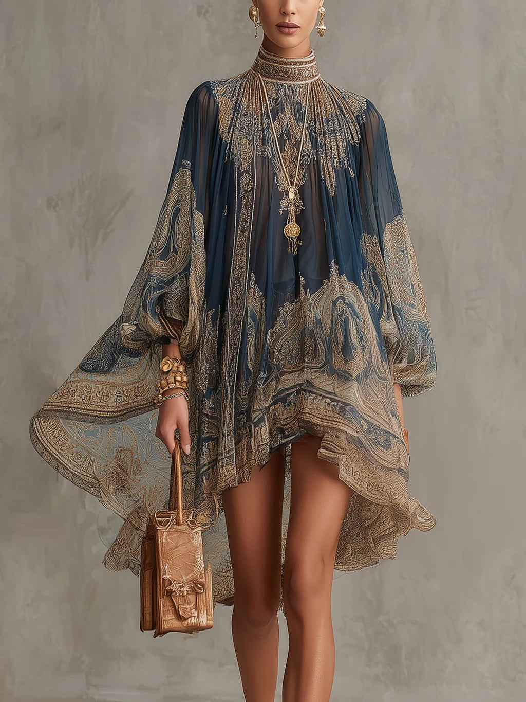 Marianna | Minivestido de gasa azul marino con estampado barroco dorado