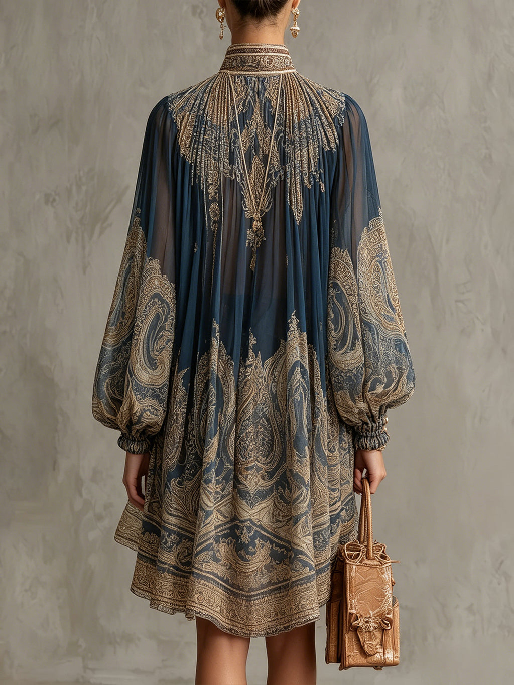 Marianna | Minivestido de gasa azul marino con estampado barroco dorado