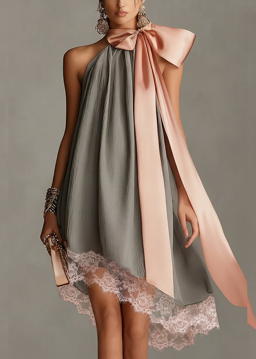 Beatrice | Minivestido gris de satén con lazo rosa y encaje