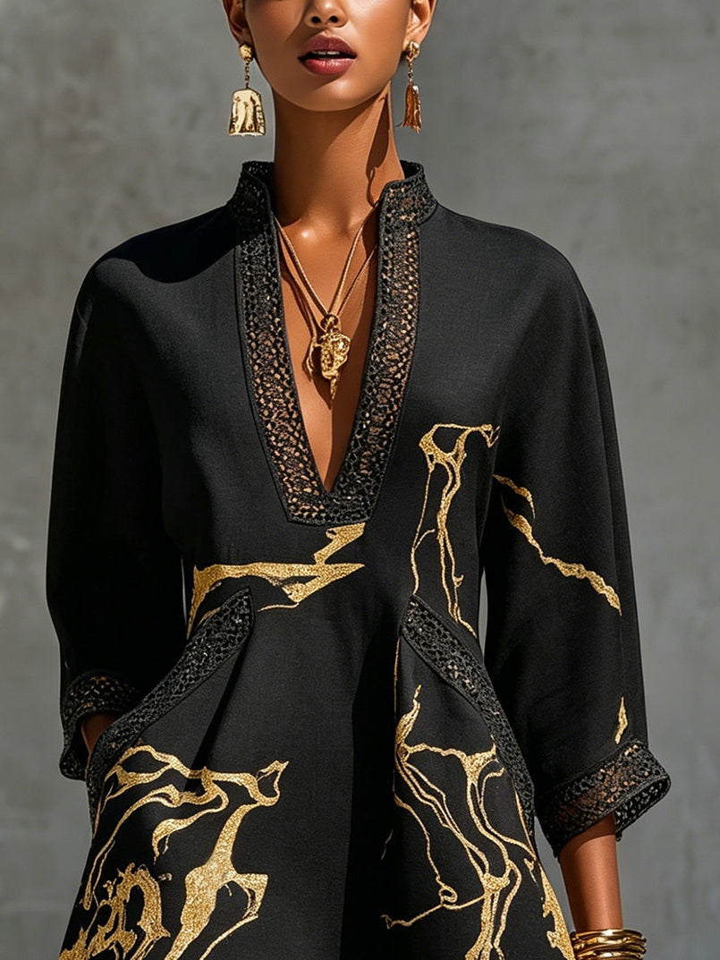 Donatella | Minivestido negro con estampado mármol dorado y encaje de ganchillo