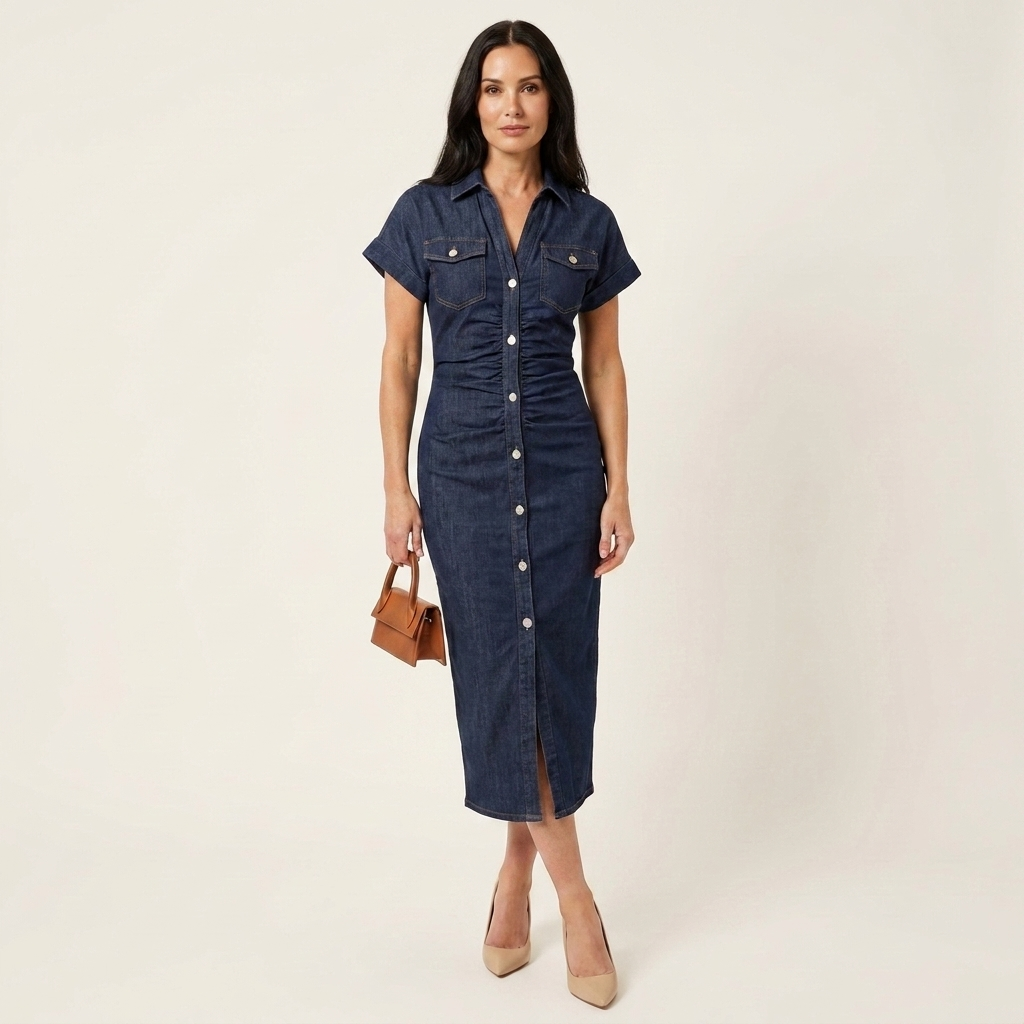 Maya | Vestido midi bodycon vaquero con botonadura delantera