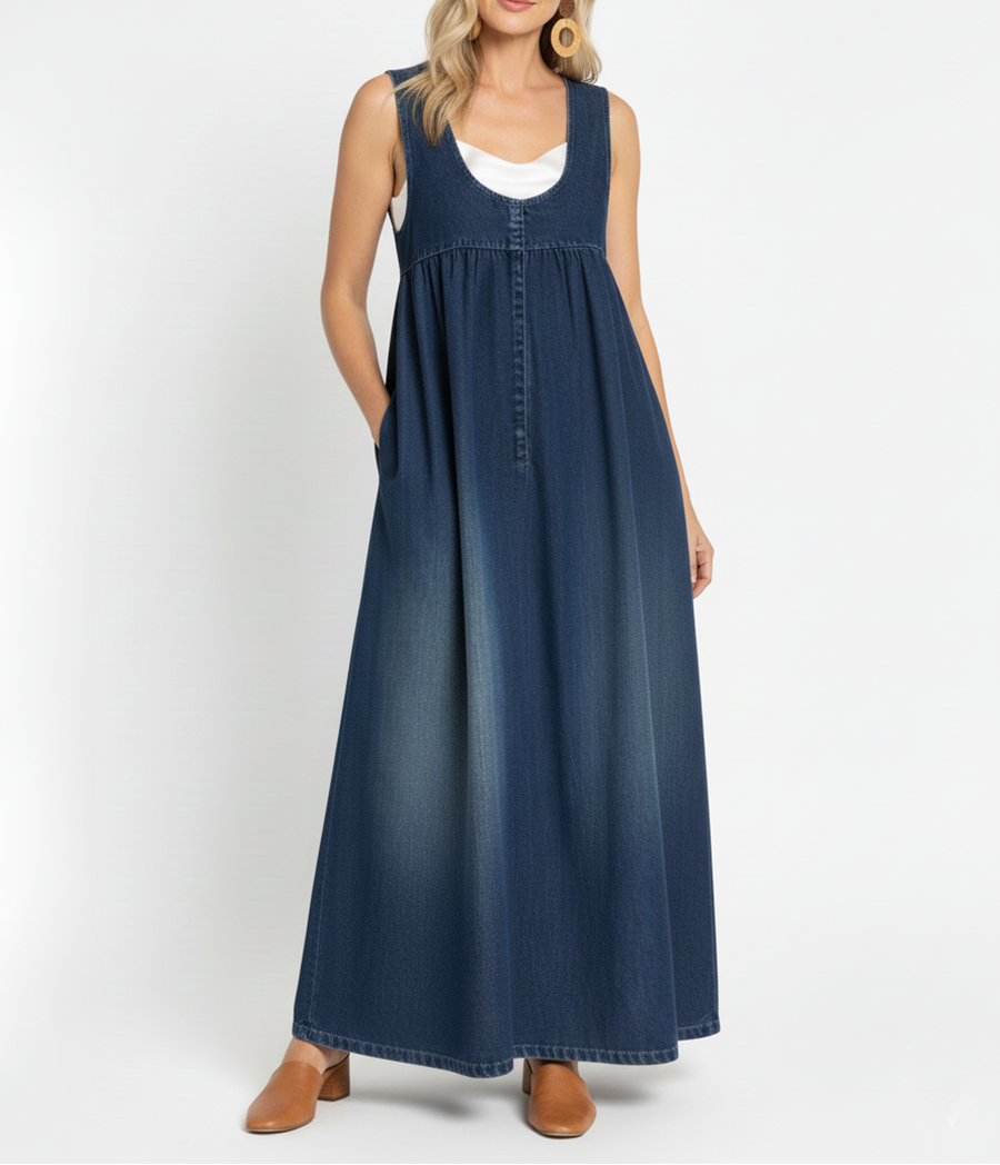 Karen | Vestido largo de denim lavado vintage con toque de algodón suave