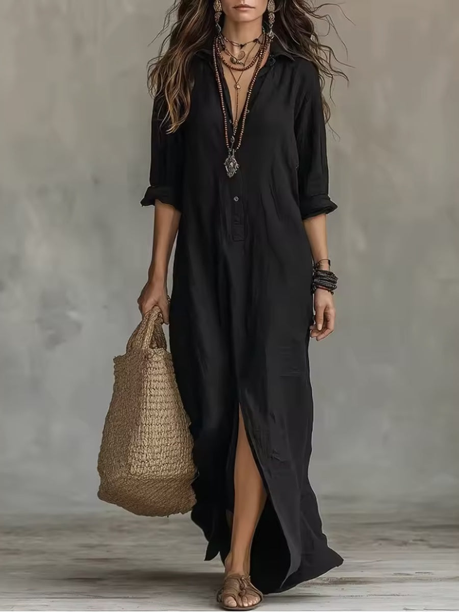 Soline | Vestido largo negro holgado con botones delanteros